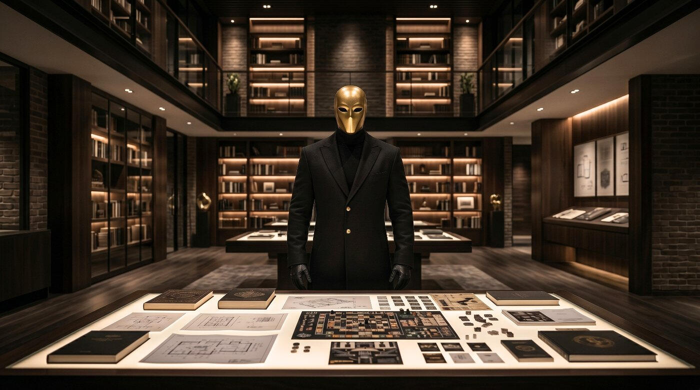 A masked figure in a dark library standing over a table of documents and plans