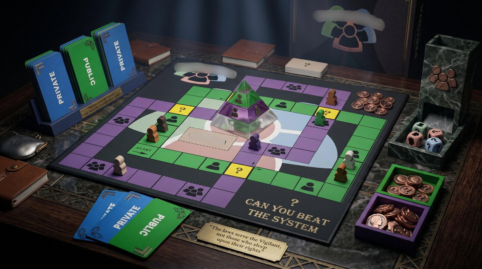 The P****** board in play, with pieces, card stacks and coins